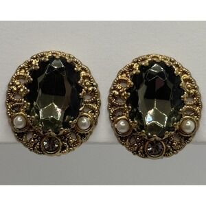 Vintage West Germany Rhinestone Faux Pearl Clip On Earrings